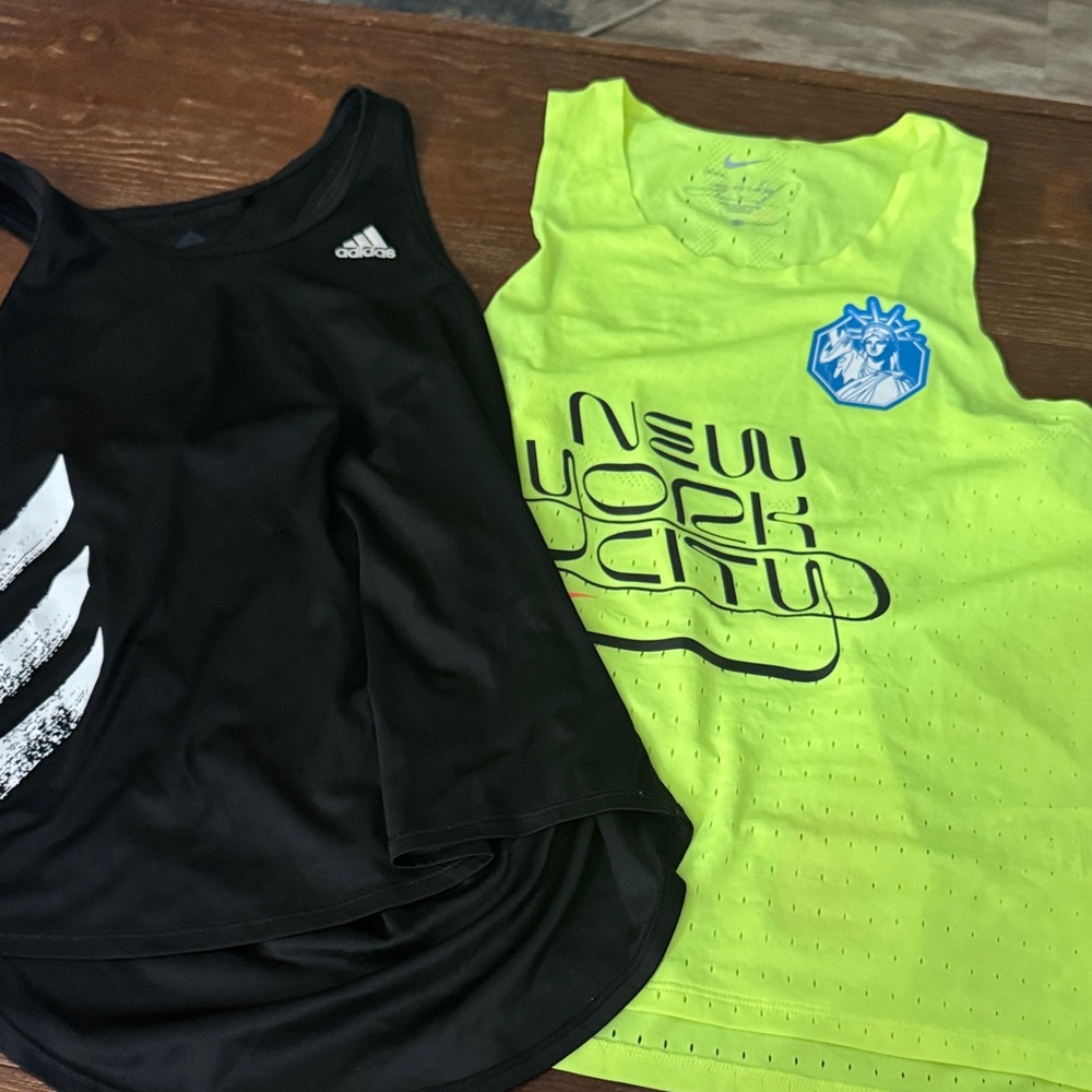 Adidas Black Athletic Tank Top with Nike neon yellow New York marathon tank top.